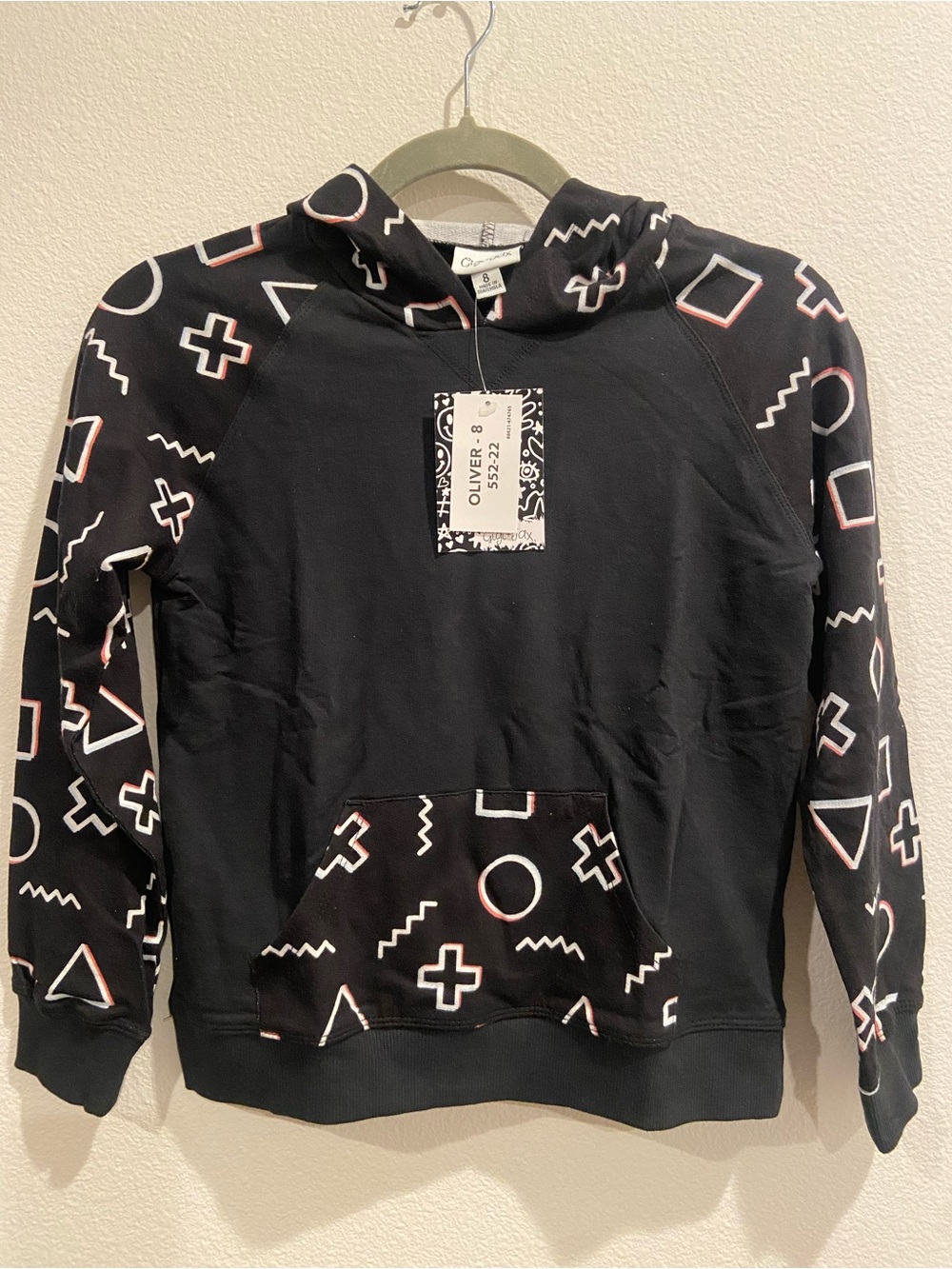 LuLaRoe Black Hoodie with White & Pink Geometric Print